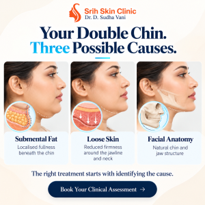 Causes of a double chin including submental fat, loose skin and facial anatomy